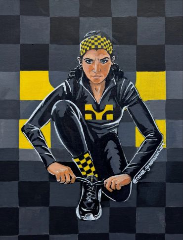 Artwork of a woman tying shoelaces with a checkered background.