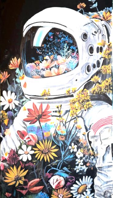 Astronaut surrounded by vibrant flowers.