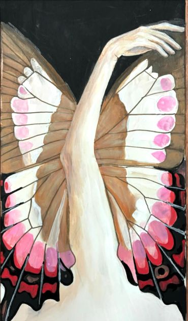 A painting of a human arm transforming into butterfly wings.