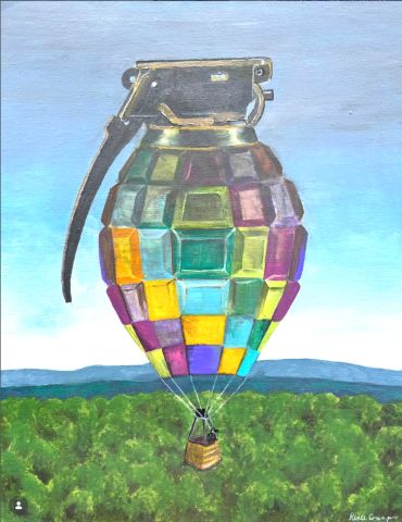 A hand grenade depicted as a colorful hot air balloon.