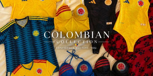 Colombian-themed sportswear and swimwear collection showcasing vibrant designs and national pride.
