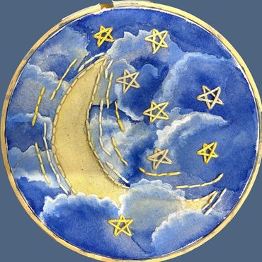 Artistic crescent moon and stars in a cloudy night sky.