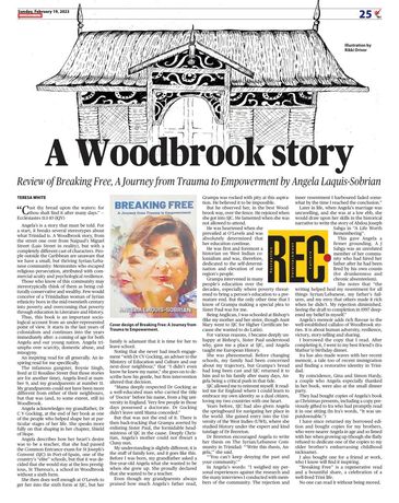 Illustration of a traditional wooden house with an article about 'A Woodbrook story'.