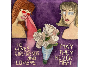 Illustration showing two women and a bouquet with a dark message.