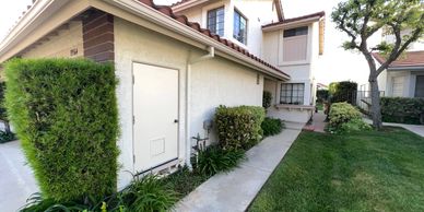 Residential building exterior with manicured bushes and a concrete pathway.