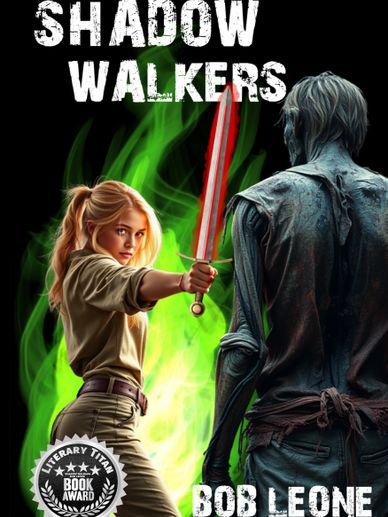 A young woman with a glowing sword faces a shadowy figure amid green flames on the cover of 'Shadow Walkers'.