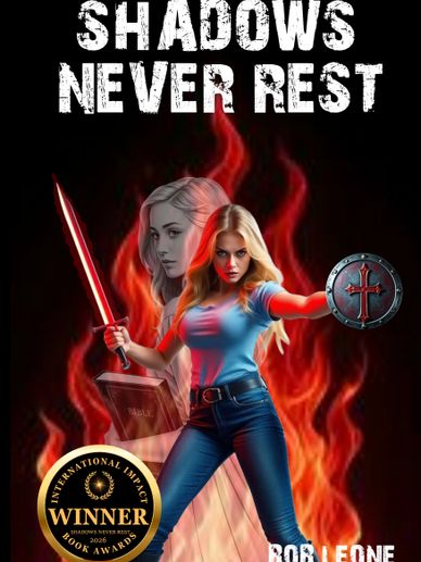 Book cover featuring a determined woman with a glowing sword and shield, flames in the background.