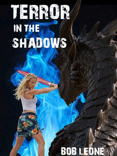A woman faces a large dragon with a glowing sword in a dark, mystical setting.