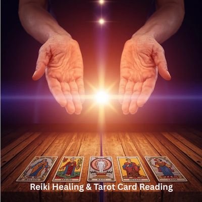 Hands hovering over tarot cards with a glowing light, symbolizing Reiki healing and tarot reading.