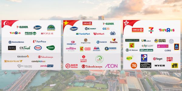 Logos of various retail chains and supermarkets in Singapore, Vietnam, and Hong Kong.