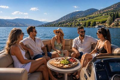 Five friends enjoying a sunny boat ride on a lake with mountains in the background.