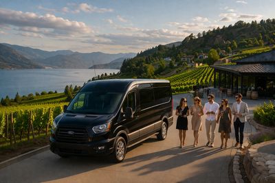 Group of friends walking beside a black van near a vineyard and lake.