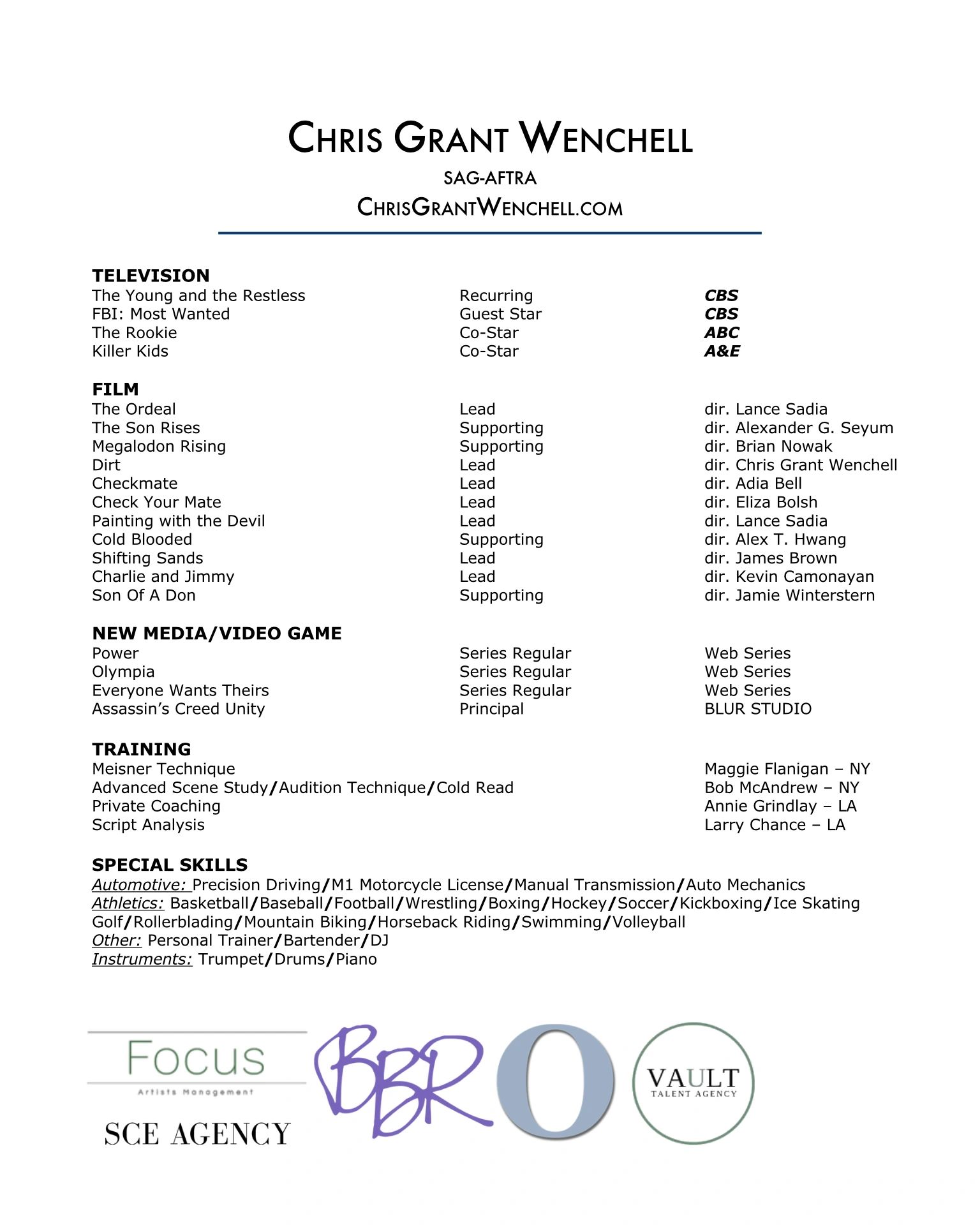 Chris Grant Wenchell actor resume with television, film, training, and special skills.