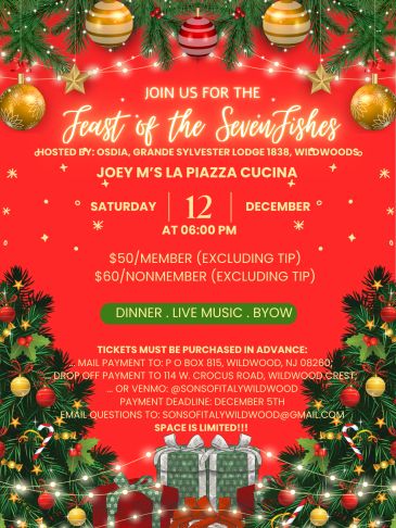 Feast of the Seven Fishes event poster with holiday decor.