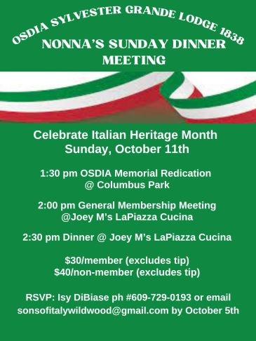 Flyer for Nonna's Sunday Dinner Meeting celebrating Italian Heritage Month.