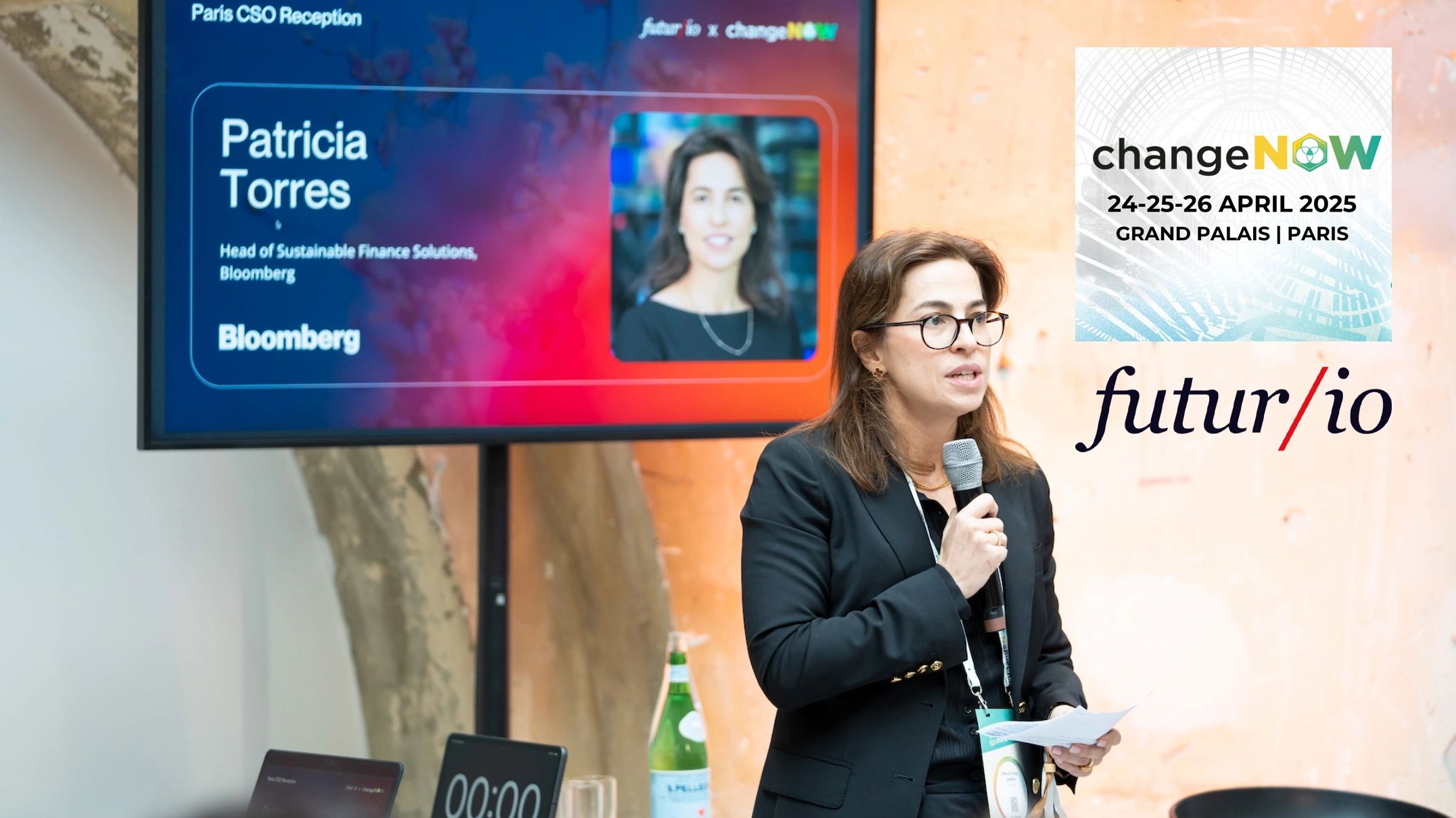 Bloomberg’s Patricia Torres at ChangeNOW, Paris, discussing green tech, sustainability.