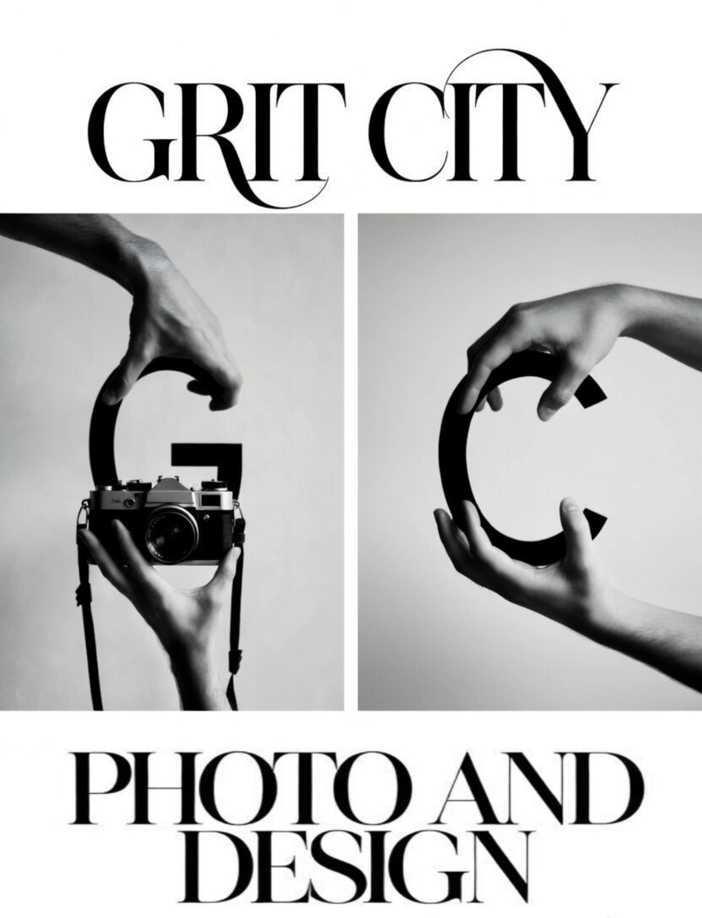 Hands creatively hold letters and a camera, symbolizing photo and design.