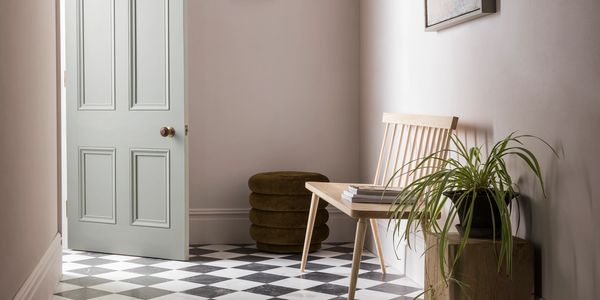 Honest Bench In Ash, styled in a hallway