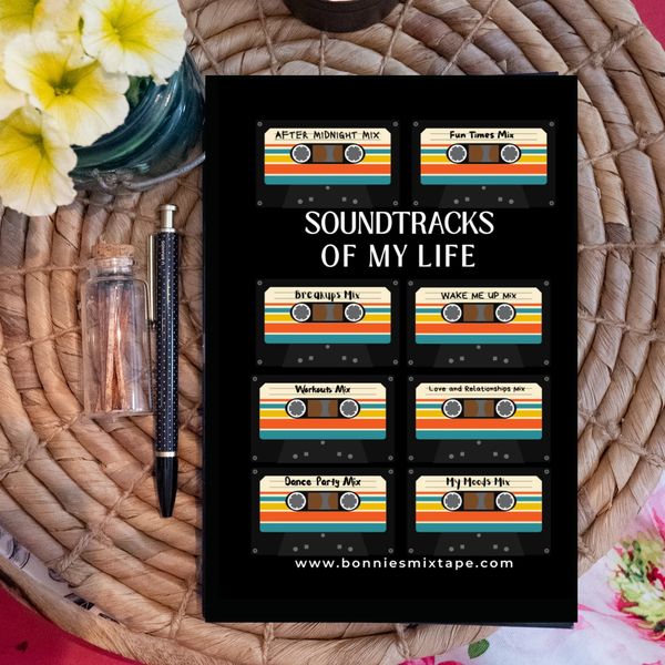 A black card with retro cassette tape designs titled 'Soundtracks of My Life'.