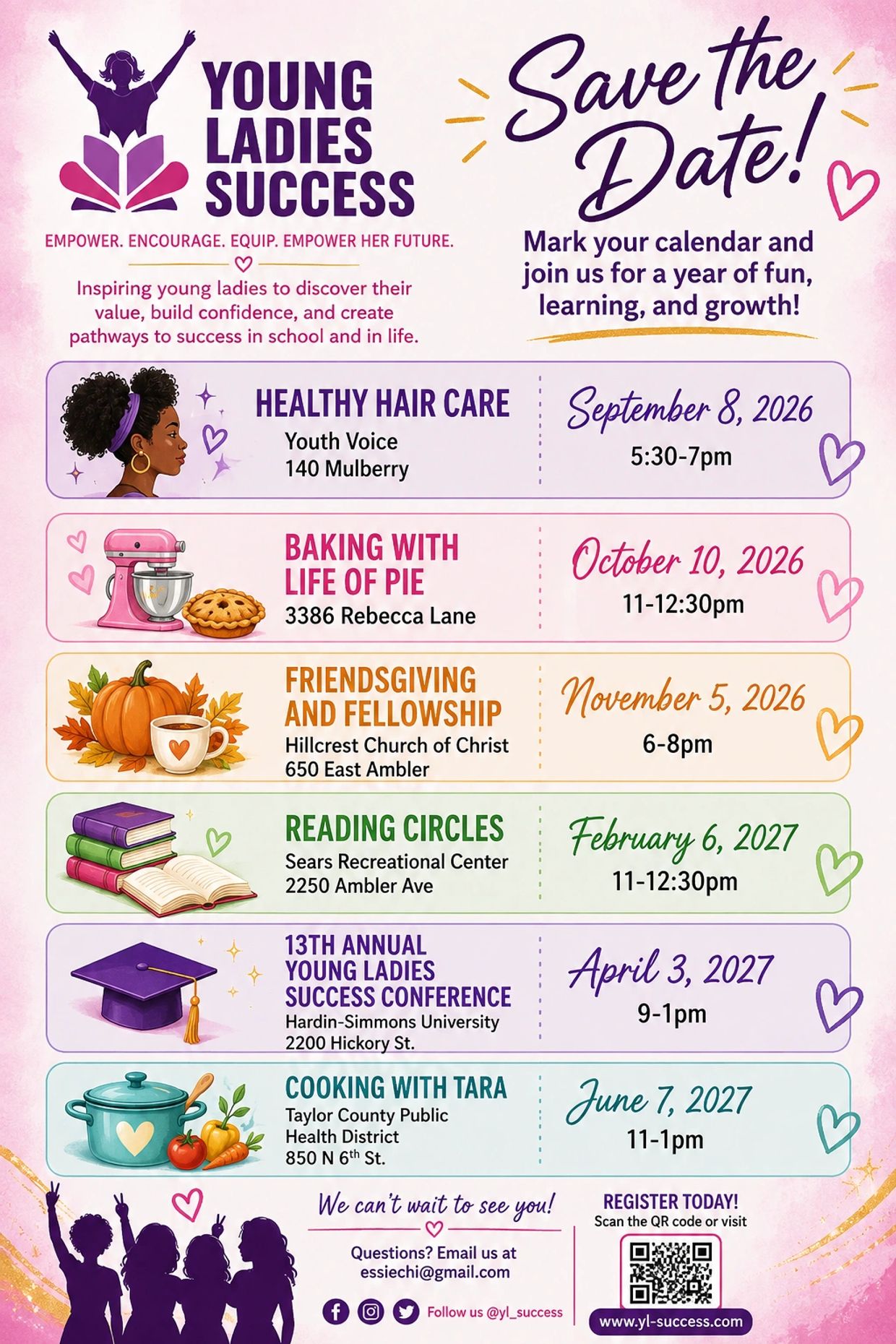 Young Ladies Success event schedule from September 2026 to June 2027.