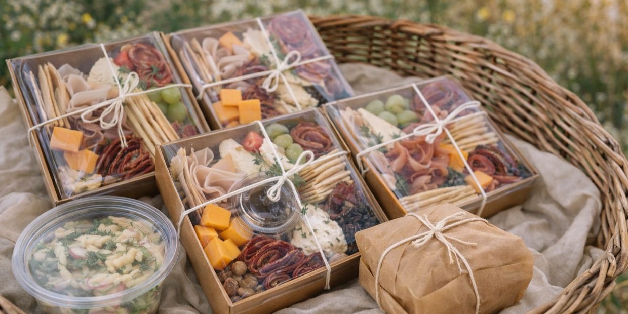 Assorted charcuterie boxes and a salad container in a wicker basket, ready for a picnic.