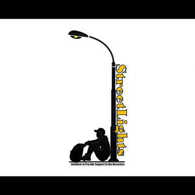 Logo with a streetlight and a homeless person silhouette.