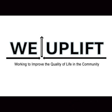 Logo of WE UPLIFT with community mission statement.