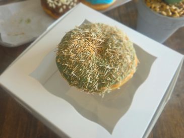 A donut covered in green frosting and toasted coconut flakes.