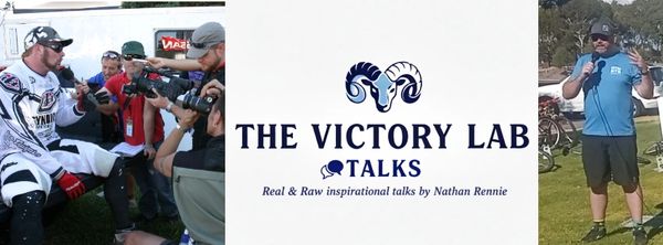 Collage of a motocross interview, a podcast logo, and a speaker outdoors.