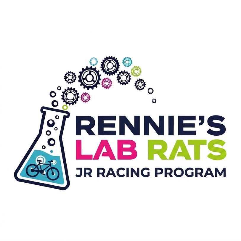 Logo of Rennie's Lab Rats Jr Racing Program with a bike in a lab flask and gears.