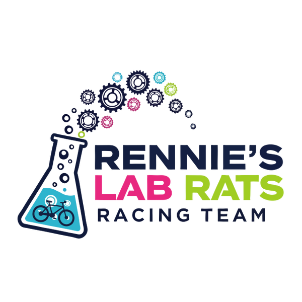 Colorful logo for Rennie's Lab Rats Racing Team with gears and a bike in a lab flask.