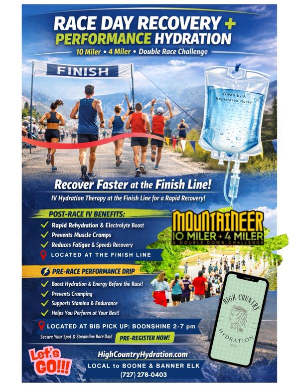Runners finish race and recover quickly with IV hydration at Mountaineer Double Down Challenge.