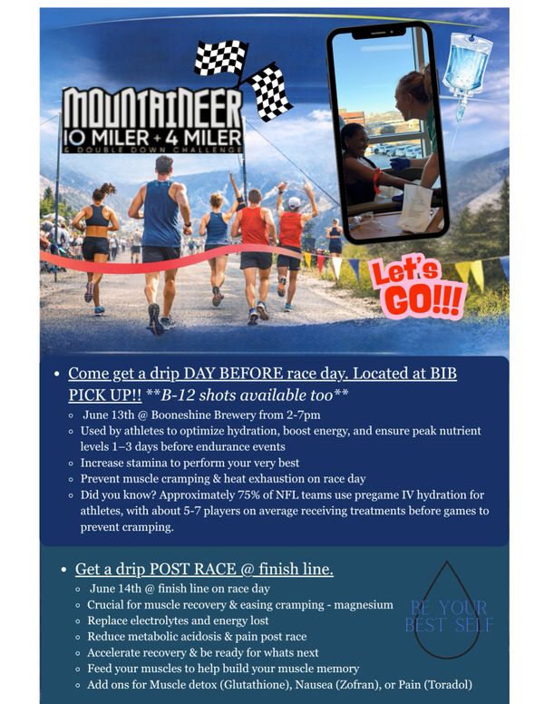 Flyer promoting IV hydration for athletes before and after the Mountaineer 10 Miler and 4 Miler race.