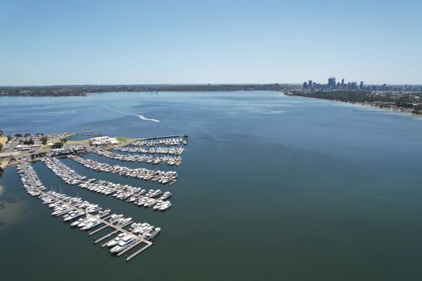 South of Perth Yacht Club with Perth city skyline.