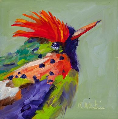 Colorful abstract painting of a bird with vibrant feathers.