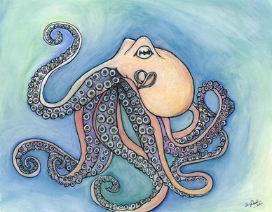 Artistic illustration of a pink octopus with intricate tentacles on a blue-green background.