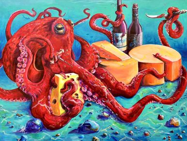 A vivid octopus holding cheese with wine bottles in the background.