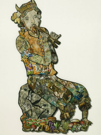 Artistic collage of a satyr playing panpipes, adorned with nature-themed images.