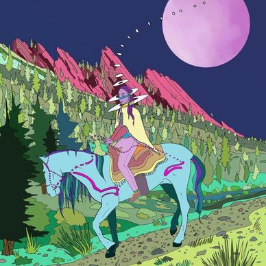 A surreal illustration of a person riding a blue horse in a colorful forest under a large purple moon.