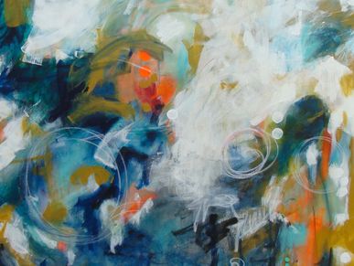 Abstract painting with dynamic blue, orange, and white brushstrokes.