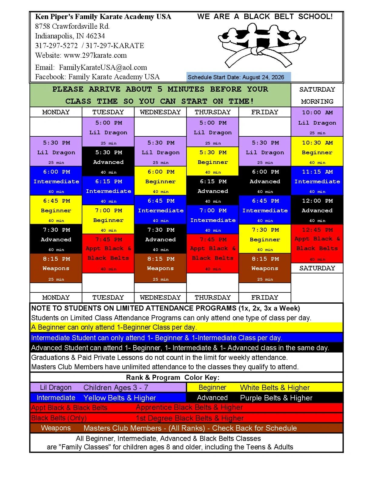 Karate class schedule for Ken Piper's Family Karate Academy with timings and color-coded ranks.
