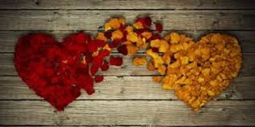 Two hearts made of red and orange flower petals on wooden surface.