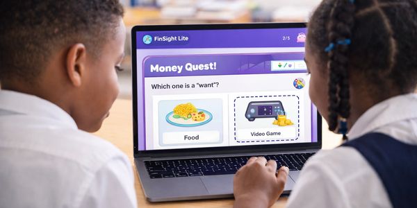 Two children playing an educational money game on a laptop.