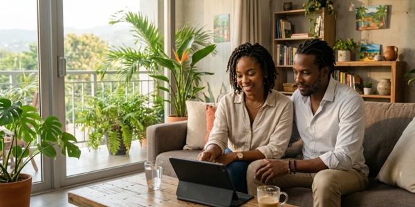 Couple using a tablet in a cozy living room filled with plants.