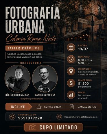 Flyer for urban photography workshop in Colonia Roma Norte, Mexico City.