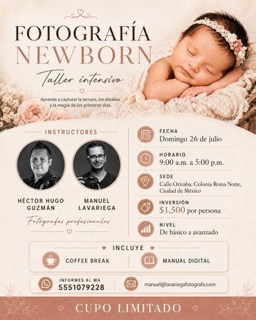 Flyer for a newborn photography workshop with instructors and event details.