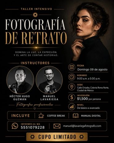 An intensive portrait photography workshop advertisement featuring instructors and event details.