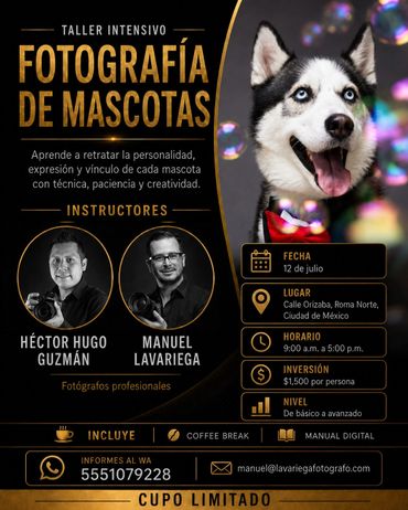 Flyer for an intensive pet photography workshop with professional instructors.