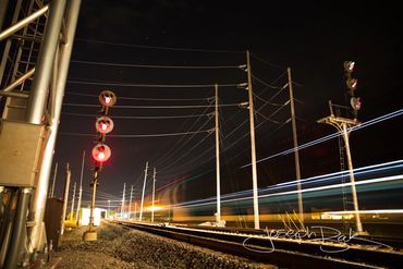 Surreal Train in Motion alive with electricity in Bryon, Ohio.