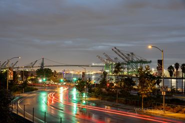 San Pedro, California. Amazing long exposure photo of the Port of Los Angeles with rain reflections.